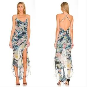 Sau Lee NWT Blue Multicolor Floral Frieda Cowl Neck Ruched Midi Dress Size 4